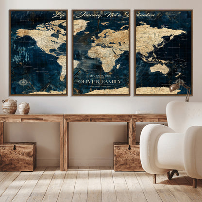 36970886-MGV-CV-36X24-Life is a Journey Not a Destination World Map Rustic Navy Beige Vintage Travel Wall Art Adventure Quote Canvas Print for Home