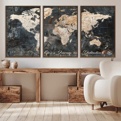 37848568-MGV-CV-36X24-Life is a Journey Not a Destination World Map Rustic Wood Texture Vintage Beige Navy Adventure Wall Art Canvas Print for Home