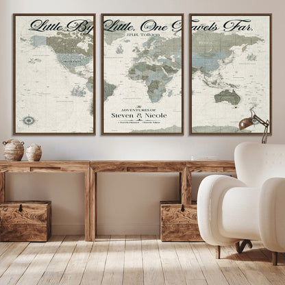 10693204-MGV-CV-36X24-Little By Little One Travels Far Tolkien Quote Blue Green World Map Adventure Wall Art Canvas Print Rustic Wanderlust Travel Decor
