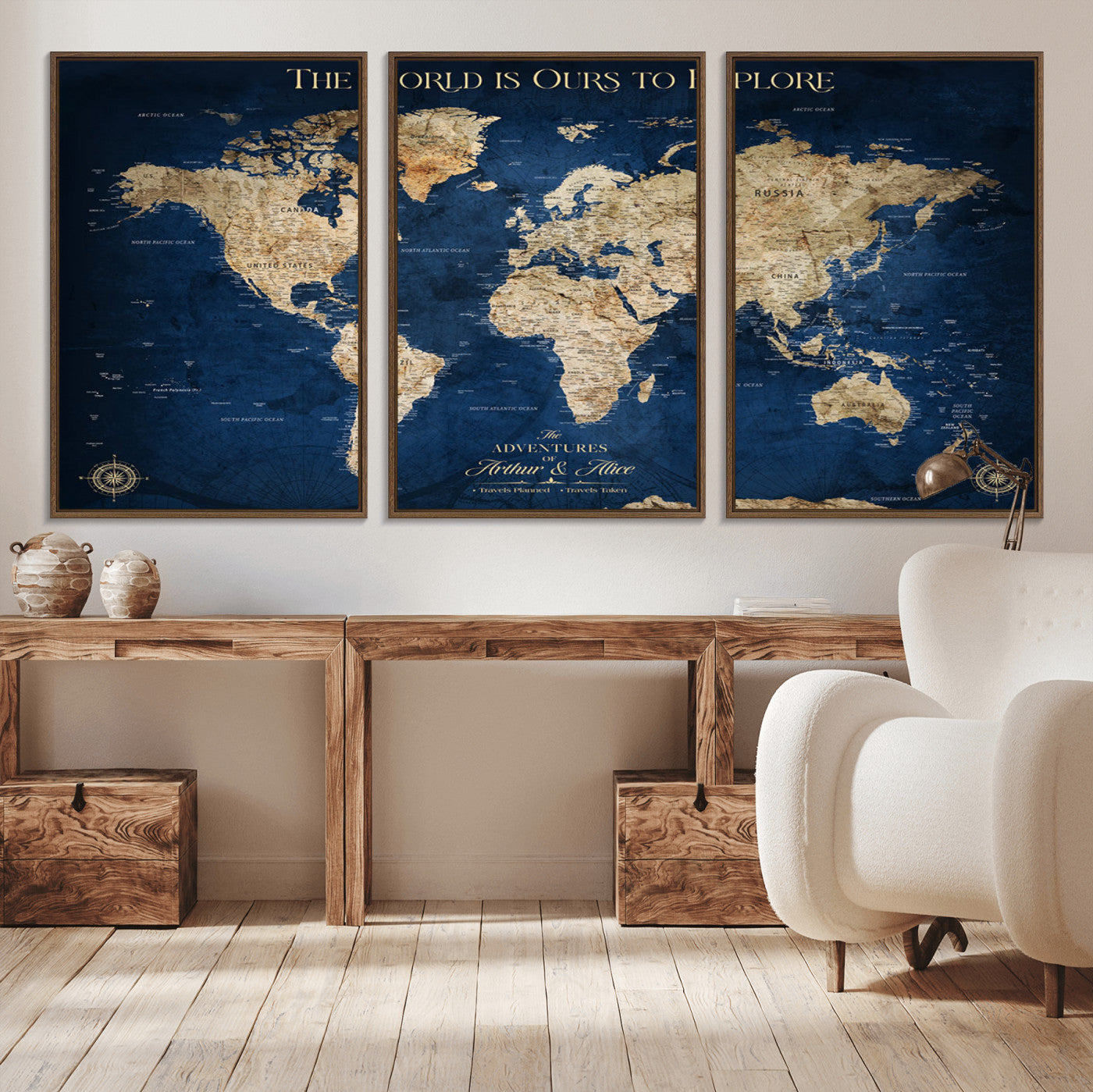 54782997-MGV-CV-36X24-The World is Ours to Explore Wall Art – Blue World Map Canvas Print, Adventure Travel Decor for Home, Office or Living Room,