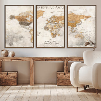 99422096-MGV-CV-36X24-Adventure Awaits World Map Wall Art – Neutral Beige Canvas Print, Modern Travel Inspired Wall Decor for Living Room, Bedroom or