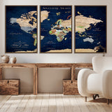 43160428-MGV-CV-36X24-Adventure Awaits Navy Blue World Map – Vibrant Travel Canvas Wall Art, Antique Atlas Print, Wanderlust Decor for Home Office