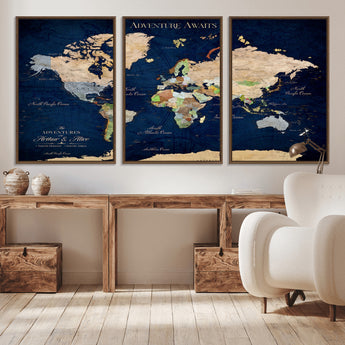 43160428-MGV-CV-36X24-Adventure Awaits Navy Blue World Map – Vibrant Travel Canvas Wall Art, Antique Atlas Print, Wanderlust Decor for Home Office