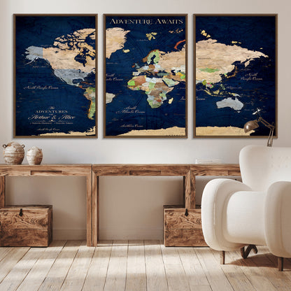 43160428-MGV-CV-36X24-Adventure Awaits Navy Blue World Map – Vibrant Travel Canvas Wall Art, Antique Atlas Print, Wanderlust Decor for Home Office