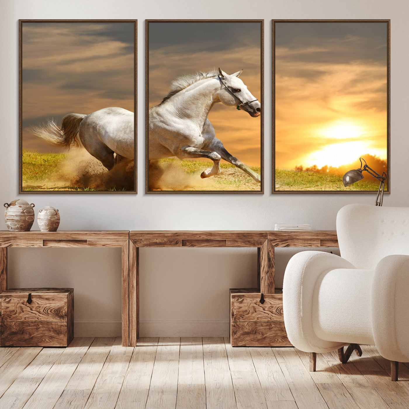 44295212-MGV-CV-36X24-Horse Wall Art – Running White Stallion Canvas Print with Sunset Background, Western Wildlife Decor for Living Room, Office, or