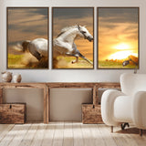 44295212-MGV-CV-36X24-Horse Wall Art – Running White Stallion Canvas Print with Sunset Background, Western Wildlife Decor for Living Room, Office, or