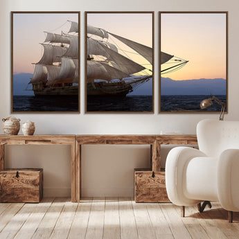 31270610-MGV-CV-36X24-Sailing Ship Wall Art – Sunset Seascape Canvas Print with Tall Ship at Sea, Nautical Ocean Decor for Living Room, Office, or