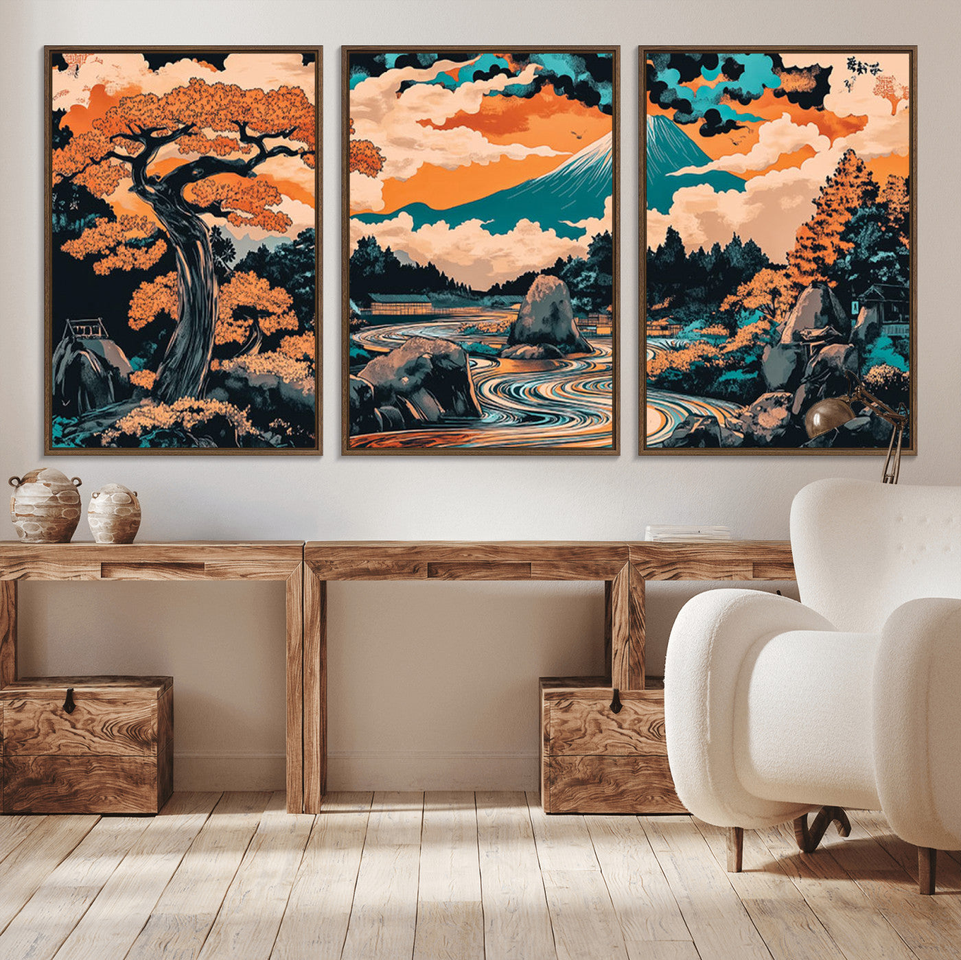 21638941-MGV-CV-36X24-Japanese Landscape Wall Art – Mount Fuji and Flowing River Ukiyo-e Style Canvas Print, Traditional Japan Inspired Artwork for