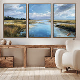 87082041-MGV-CV-36X24-Painted Marshland Canvas Wall Art – Serene Water Reflection, Blue Sky, Golden Grass Landscape, Calm Nature Decor for Home, Office,