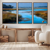 26300004-MGV-CV-36X24-Tranquil Marshland Canvas Wall Art – Blue Water, Reflective Sky, Golden Grasses, Calm Nature Landscape, Scenic Outdoor Beauty for