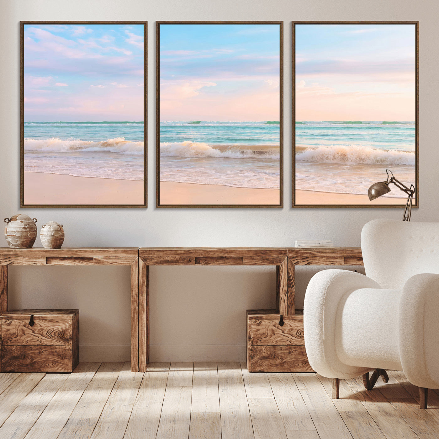 88024944-MGV-CV-36X24-Serene Ocean Waves Canvas Wall Art – Pastel Sky, Soft Sand Beach, Tranquil Seascape, Calm Water Coastal Nature, Relaxing Peaceful