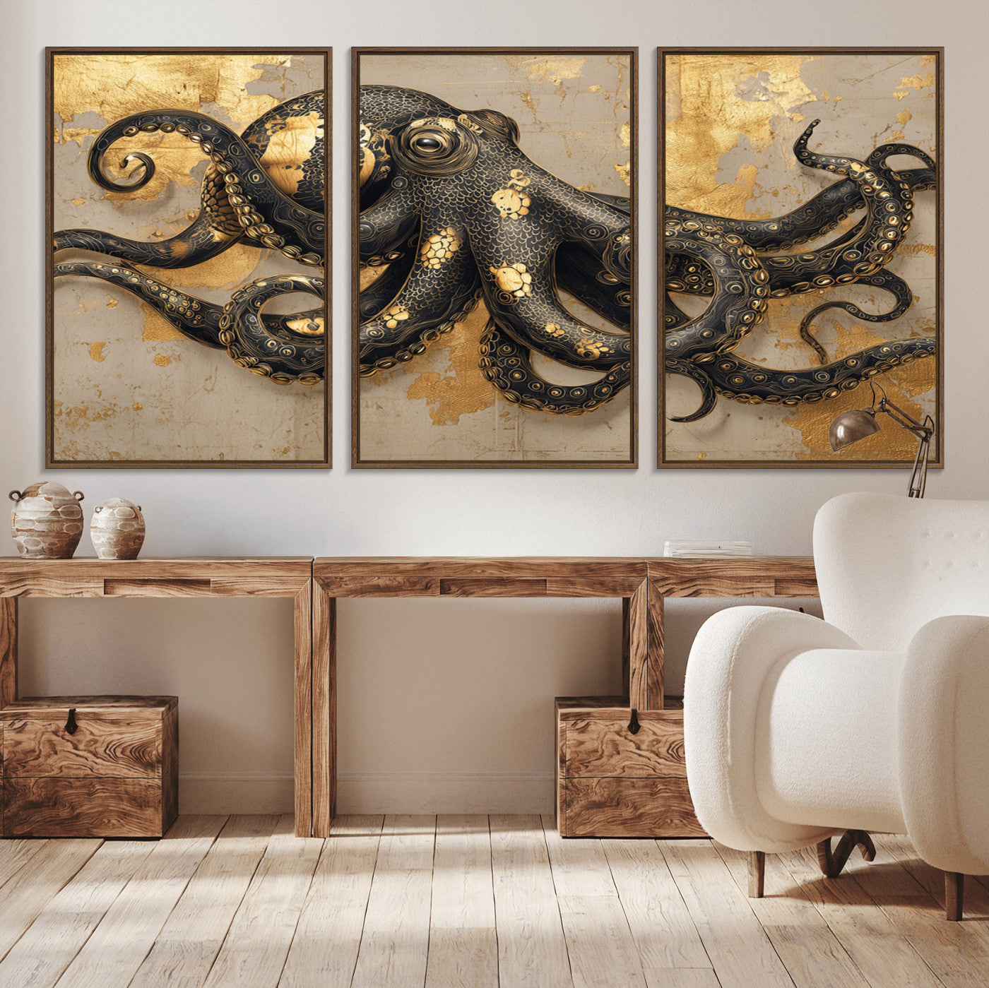 57944271-MGV-CV-36X24-Octopus Wall Art – Black and Gold Nautical Canvas Print, Modern Ocean Inspired Artwork with Elegant Detailing, Coastal Marine