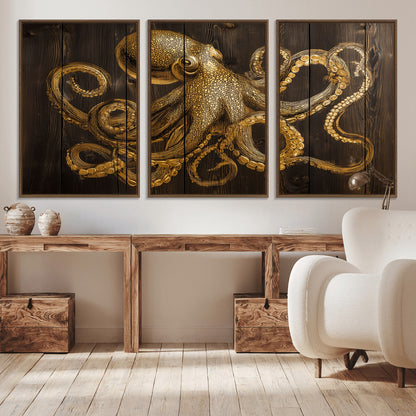 56769669-MGV-CV-36X24-Octopus Wall Art – Gold Nautical Canvas Print with Rustic Wood Panel Design, Detailed Marine Artwork for Coastal Ocean Decoration