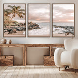 18005328-MGV-CV-36X24-Tropical Beach Canvas Wall Art – Palm Tree, Rocky Shoreline, Ocean Waves, Sunset Clouds, Calm Sea, Island Nature Relaxation for