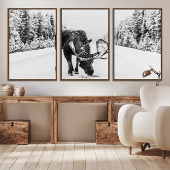38956835-MGV-FC-60X30-3P_Walnut-Moose Wall Art – Black and White Wildlife Canvas Print with Snowy Forest Road, Rustic Nature Photography for Cabin, Lodge, Living