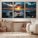 66040852-MGV-CV-36X24-Ocean Sunset Canvas Wall Art – Rocky Shore Waves, Dramatic Clouds, Golden Sun Rays, Coastal Nature, Serene Water Reflection for