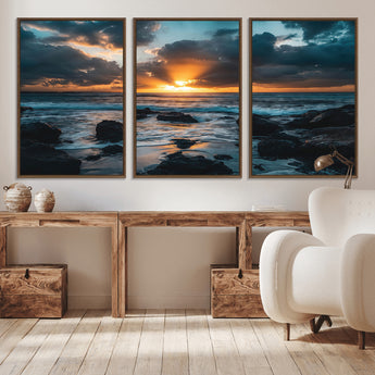 66040852-MGV-CV-36X24-Ocean Sunset Canvas Wall Art – Rocky Shore Waves, Dramatic Clouds, Golden Sun Rays, Coastal Nature, Serene Water Reflection for