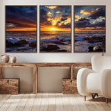35900590-MGV-CV-36X24-Sunset Ocean Waves Canvas Wall Art – Rocky Shore, Dramatic Sky, Golden Sun Rays, Coastal Beauty, Serene Water Motion for Living