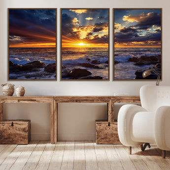 35900590-MGV-CV-36X24-Sunset Ocean Waves Canvas Wall Art – Rocky Shore, Dramatic Sky, Golden Sun Rays, Coastal Beauty, Serene Water Motion for Living