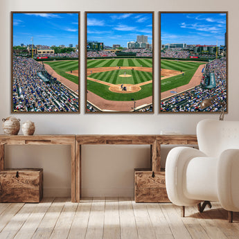 56213978-MGV-CV-36X24-Wrigley Field Baseball Stadium Canvas Wall Art – Packed Crowd Sports Stadium Print, City Skyline Baseball Field Canvas for Game