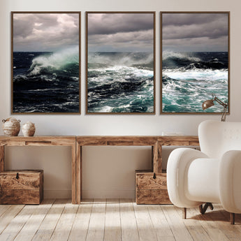 38622353-MGV-CV-36X24-Stormy Ocean Waves Canvas Wall Art – Framed Turbulent Sea Print, Large Nature Canvas for Coastal, Living Room, or Office Spaces