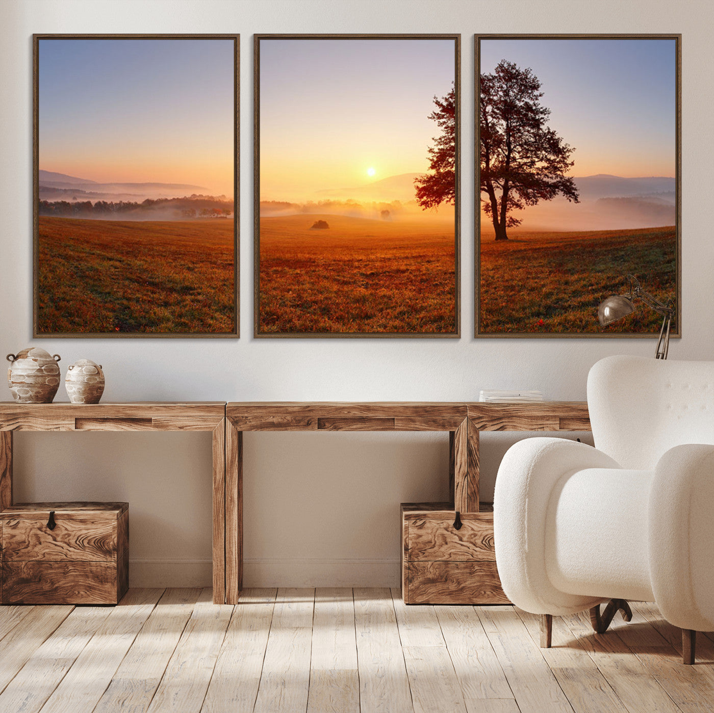57919623-MGV-CV-36X24-Sunrise Landscape Wall Art – Golden Morning Canvas Print with Tree, Misty Hills and Open Field, Peaceful Nature Photography for