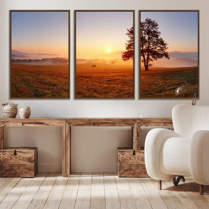 57919623-MGV-CV-36X24-Sunrise Landscape Wall Art – Golden Morning Canvas Print with Tree, Misty Hills and Open Field, Peaceful Nature Photography for