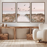 34632598-MGV-CV-36X24-Beach Pathway Wall Art – Coastal Canvas Print with Sandy Trail, Flying Birds and Pastel Sky, Serene Ocean Landscape Photography