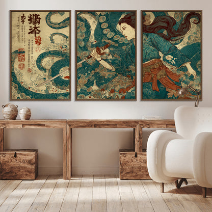 46837670-MGV-CV-36X24-Tsukioka Yoshitoshi Samurai Wall Art Print, Japanese Katana Warrior Canvas Wall Art, Octopus Sea Monster Canvas Print,