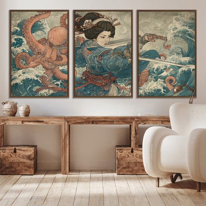 52037775-MGV-CV-36X24-Tsukioka Yoshitoshi Samurai Wall Art Print, Japanese Katana Warrior Canvas Wall Art, Octopus Sea Monster Canvas Print,