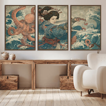 52037775-MGV-CV-36X24-Samurai Woman Wall Art – Japanese Ukiyo e Style Canvas Print with Katana, Ocean Waves and Octopus, Traditional Asian Inspired