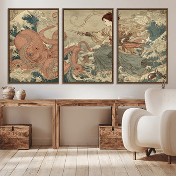 54879547-MGV-CV-36X24-Samurai Woman Wall Art – Japanese Ukiyo-e Style Canvas Print with Katana and Octopus, Traditional Asian Inspired Battle Artwork