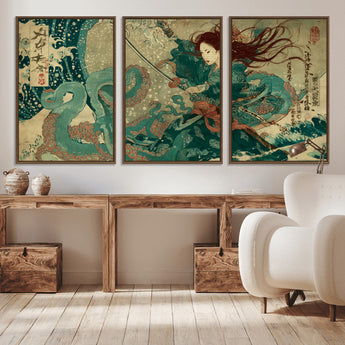 86918027-MGV-CV-36X24-Tsukioka Yoshitoshi Samurai Wall Art Print, Japanese Katana Warrior Canvas Wall Art, Octopus Sea Monster Canvas Print,