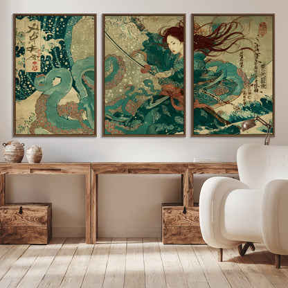 86918027-MGV-CV-36X24-Tsukioka Yoshitoshi Samurai Wall Art Print, Japanese Katana Warrior Canvas Wall Art, Octopus Sea Monster Canvas Print,
