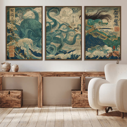 60346622-MGV-CV-36X24-Samurai Warrior vs Octopus Wall Art – Japanese Ukiyo-e Style Ocean Battle Canvas Print, Traditional Samurai Artwork for Living