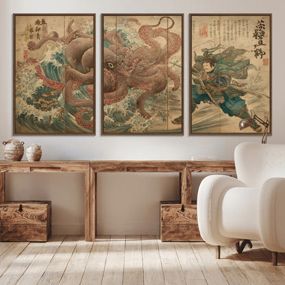 63782167-MGV-CV-36X24-Tsukioka Yoshitoshi Samurai Wall Art Print, Japanese Katana Warrior Canvas Wall Art, Octopus Sea Monster Canvas Print,