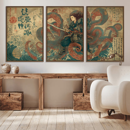 98593115-MGV-CV-36X24-Tsukioka Yoshitoshi Samurai Wall Art Print, Japanese Katana Warrior Canvas Wall Art, Octopus Sea Monster Canvas Print,