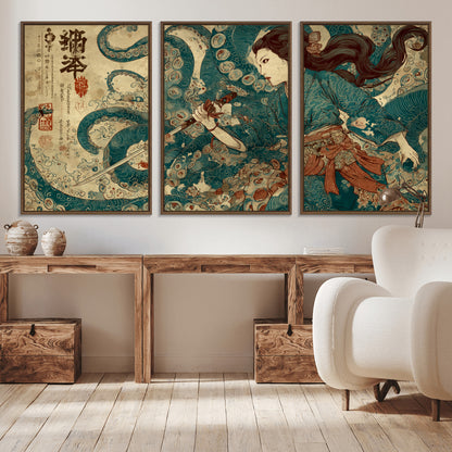 18575670-MGV-CV-36X24-Tsukioka Yoshitoshi Samurai Wall Art Print, Japanese Katana Warrior Canvas Wall Art, Octopus Sea Monster Canvas Print,