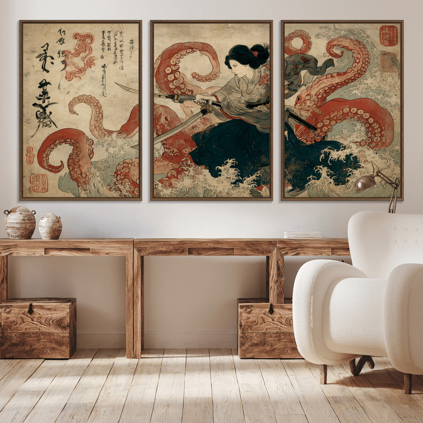 50812504-MGV-CV-36X24-Tsukioka Yoshitoshi Samurai Wall Art Print, Japanese Katana Warrior Canvas Wall Art, Octopus Sea Monster Canvas Print,