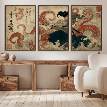 50812504-MGV-CV-36X24-Samurai Woman vs Octopus Wall Art – Japanese Ukiyo-e Red Tentacle Canvas Print, Ocean Battle Artwork for Living Room, Office, Man