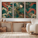 35461724-MGV-CV-36X24-Samurai Woman vs Octopus Wall Art – Japanese Ukiyo-e Ocean Waves Canvas Print, Red Tentacle Battle Artwork for Living Room,