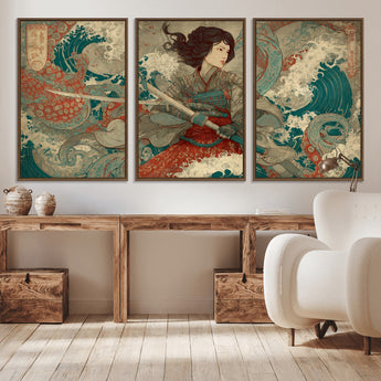 63377977-MGV-CV-36X24-Tsukioka Yoshitoshi Samurai Wall Art Print, Japanese Katana Warrior Canvas Wall Art, Octopus Sea Monster Canvas Print,