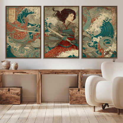 63377977-MGV-CV-36X24-Tsukioka Yoshitoshi Samurai Wall Art Print, Japanese Katana Warrior Canvas Wall Art, Octopus Sea Monster Canvas Print,