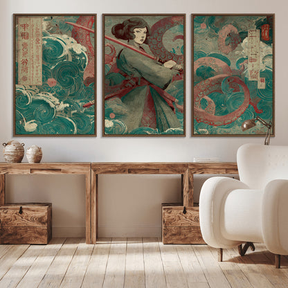 91666601-MGV-CV-36X24-Samurai Woman vs Octopus Wall Art – Japanese Ukiyo-e Green Robe Canvas Print, Ocean Battle Artwork for Living Room, Office, Man