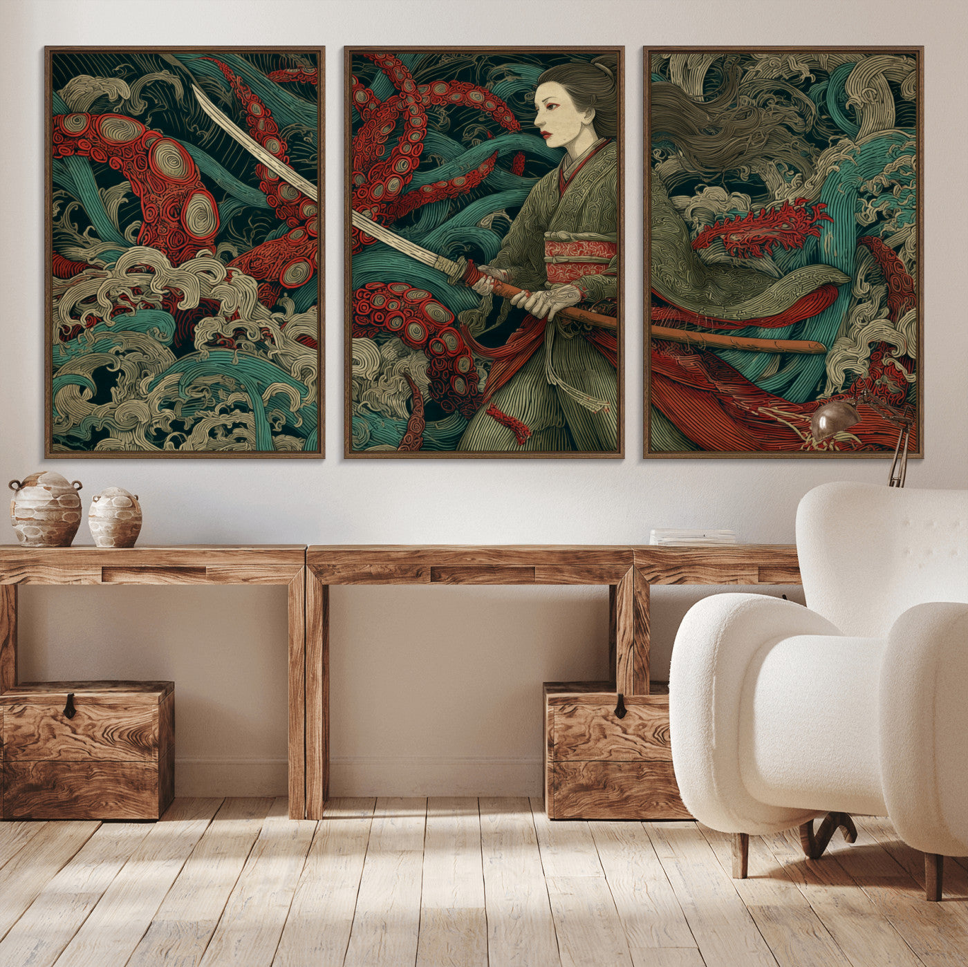 18902796-MGV-CV-36X24-Samurai Woman vs Octopus Wall Art – Japanese Ukiyo-e Green Kimono Canvas Print, Ocean Battle Scene Artwork for Living Room,