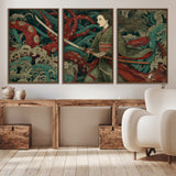 18902796-MGV-CV-36X24-Samurai Woman vs Octopus Wall Art – Japanese Ukiyo-e Green Kimono Canvas Print, Ocean Battle Scene Artwork for Living Room,