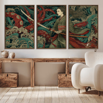 18902796-MGV-CV-36X24-Samurai Woman vs Octopus Wall Art – Japanese Ukiyo-e Green Kimono Canvas Print, Ocean Battle Scene Artwork for Living Room,