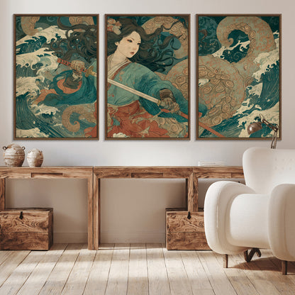 79740258-MGV-CV-36X24-Tsukioka Yoshitoshi Samurai Wall Art Print, Japanese Katana Warrior Canvas Wall Art, Octopus Sea Monster Canvas Print,