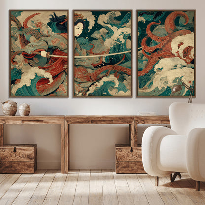30212982-MGV-CV-36X24-Samurai Woman vs Octopus Wall Art – Japanese Ukiyo-e Style Warrior and Sea Monster Canvas Print, Mythology Inspired Artwork for