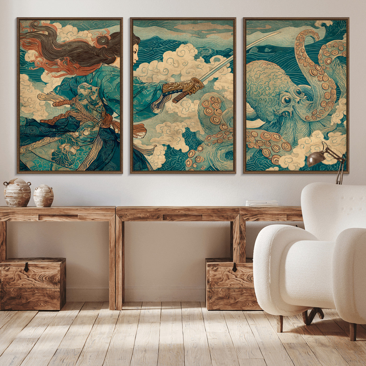 99764195-MGV-CV-36X24-Samurai vs Octopus Wall Art – Japanese Ukiyo-e Style Warrior and Sea Monster Canvas Print, Mythology Inspired Artwork for Living